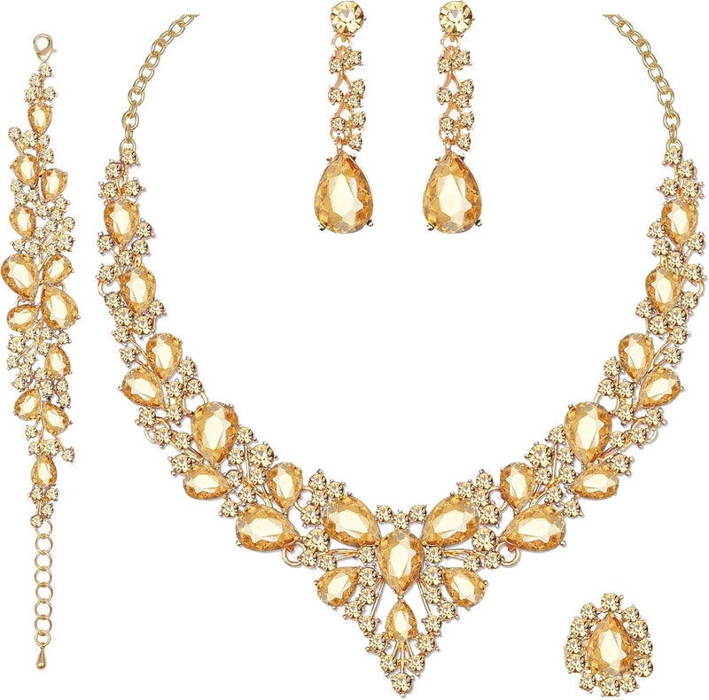 CSY 4 Pcs/Set Austrian Crystal Necklace Earrings Bracelet Ring Bridal Jewelry Sets for Brides Wedding Party Costume Accessories Gifts for Women - Image 1